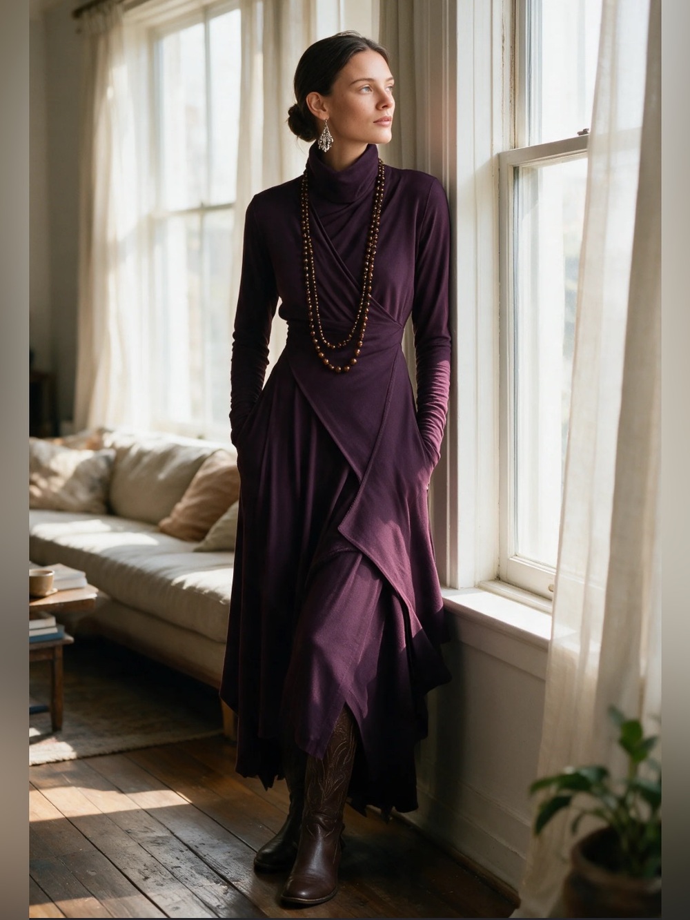 Long-Sleeve Turtleneck Wrap Maxi Dress in Plum